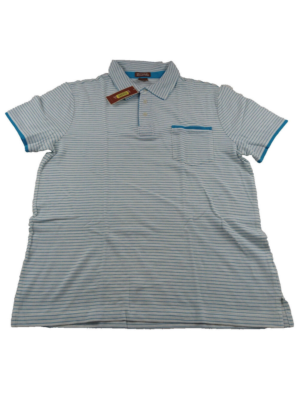 Michael Kors Polo Shirt Mens Large Blue White Striped Pocket Short Sleeve Trim L